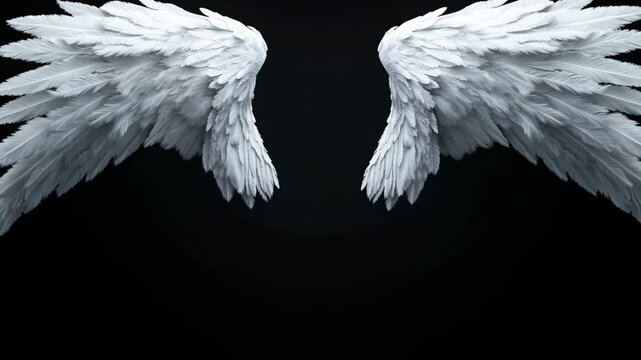 White angel wings open against dark background symbolizing purity light protection and Christmas spirituality