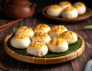 Close-up of baked buns on a plate, with a teapot and chopsticks