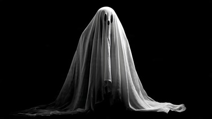 Naklejka premium Spooky ghost figure draped in a white sheet with dark eye holes, isolated on a black background, representing Halloween and fear.