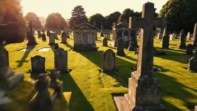 Ancient stone gravestones and crosses casting long shadows across a grassy cemetery at sunset or sunrise