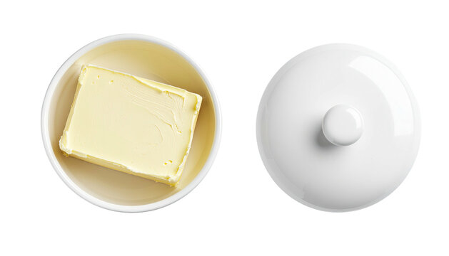 Butter dish yellow butter, white bowl, lid on black
