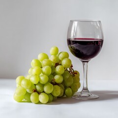 minimalistic still life composition with a cluster of fresh grapes and a glass of red wine on a clean white background
