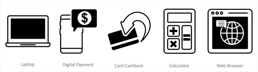 A set of 5 business icon as laptop, digital payment, card cashback