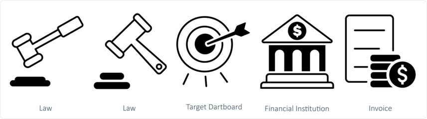 A set of 5 business icon as law, target dartboard, financial institution