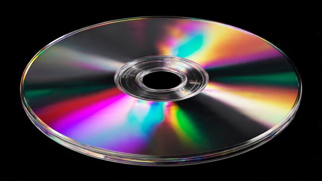 Stack of shiny, iridescent CDs or DVDs reflecting rainbow colors against a black background, close-up shot