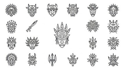 Tribal mask seamless pattern, hand drawn african decorative face and weapon outline, illustration