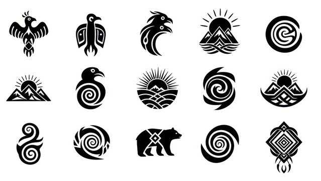 Diverse collection of vector monochrome tribal and nature inspired graphic elements design