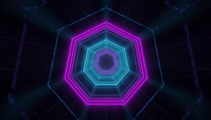 Abstract neon hexagon tunnel animation with pink and blue glowing lights - Powered by Adobe