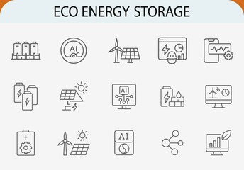 eco energy storage system line icon set, sustainable power vector symbols