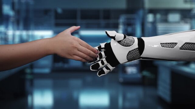 Close up of robotic hand and human shaking hand with brain hologram. AI and human working together or making agreement with brain holographic floating with blurring laboratory. Teamwork. Salubrious.