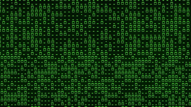 Abstract Digital Grid Pattern of Green Squares and Dashes on Black Background code computer