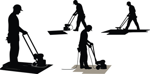 Silhouette of construction workers using floor grinder machine, polishing and smoothing concrete surface, industrial flooring maintenance and renovation illustration