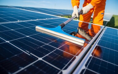A worker uses a squeegee tool to clean the surface of a solar panel. He is wearing bright orange protective clothing to remain visible and safe while working.