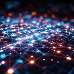 Abstract digital network with glowing blue and orange nodes connected by lines on a dark background.