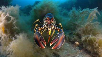 Close-up of a vibrant lobster with large claws amidst a natural underwater environment