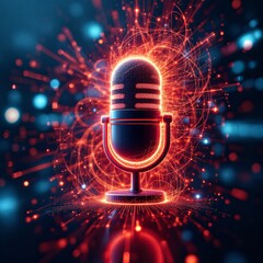 A glowing vintage microphone surrounded by a dynamic network of red and blue digital light particles and energy lines, symbolizing advanced audio technology and communication.