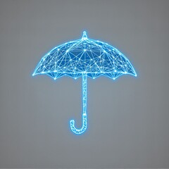 A glowing blue wireframe umbrella, digitally rendered with interconnected lines and dots, symbolizing protection or network security.