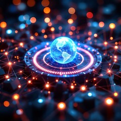 A glowing blue digital earth globe sits on a futuristic platform surrounded by a network of interconnected lights and bokeh.