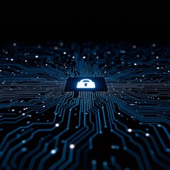 Glowing blue padlock icon on a microchip representing digital security and data protection on a circuit board.