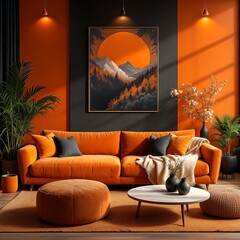 A vibrant modern living room featuring an orange sofa, ottoman, and walls, complemented by a large landscape painting and warm lighting.