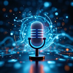 A glowing blue vintage microphone stands against a futuristic digital background with abstract light patterns and data streams, symbolizing audio technology and communication.