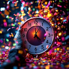 Hand holding a clock surrounded by vibrant falling confetti, celebrating a countdown to a special event.