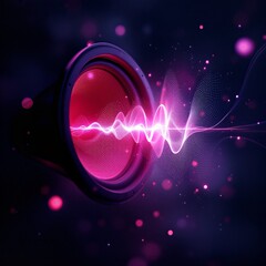 A speaker emitting a vibrant pink and purple sound wave with glowing particles on a dark background, symbolizing audio energy.