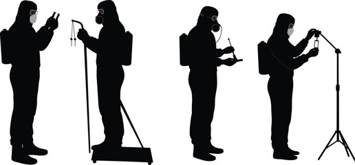Silhouette of scientists in protective suits and gas masks conducting chemical experiments, laboratory research and environmental testing, biosafety science concept illustration