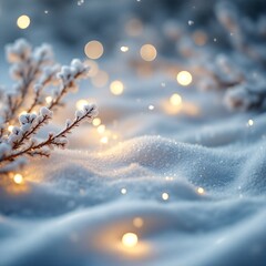 A close-up of sparkling snow and frosted branches illuminated by warm, glowing bokeh lights, creating a magical winter scene.