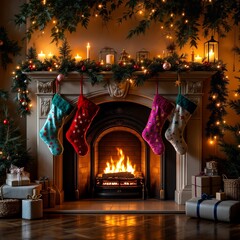 A warm and inviting Christmas scene featuring a fireplace with stockings, festive garlands, twinkling lights, and wrapped presents, creating a cozy holiday atmosphere.