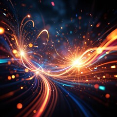 Dynamic abstract light trails and glowing particles creating a vibrant energy flow in a dark digital space.