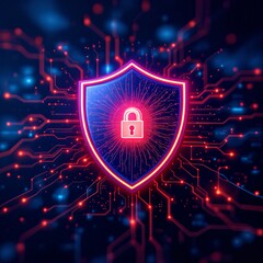 A glowing digital shield with a padlock symbolizing cybersecurity and data protection on a circuit board background.