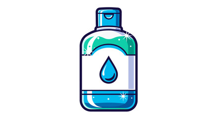 Illustration of a blue hand sanitizer bottle with a white label and a blue cap.