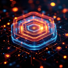 Abstract glowing hexagonal core on a dark circuit board background with digital light effects.