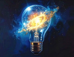 Lightbulb filled with space nebula and connected network