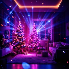 A festive living room with two illuminated Christmas trees and vibrant blue and purple laser lights creating a party atmosphere.