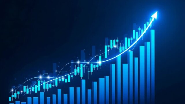 Blue upward trend graph with arrow and candlestick charts on dark background
