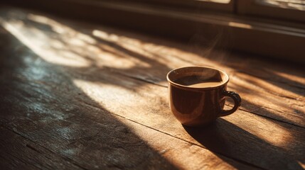 A warm morning coffee scene on a wooden surface featuring a steaming cup, soft sunlit shadows, subtle texture of the wood, and cozy natural tones that evoke a peaceful start to the day