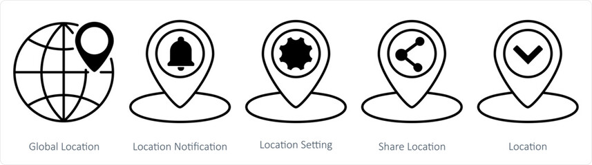 A set of 5 business icons as global location, location notification, location setting