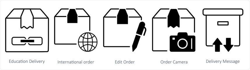 A set of 5 business icons as education delivery, internation order, edit order