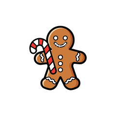 Obraz premium Gingerbread man holding candy cane smiling happily for Christmas.