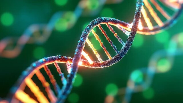 Close up DNA double helix structure glowing with blue scientific background - Powered by Adobe