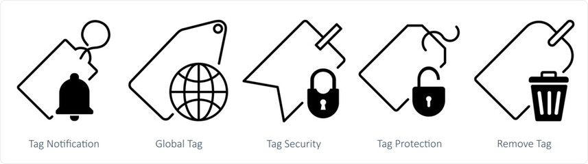 A set of 5 business icons as tag notification, global tag, tag security