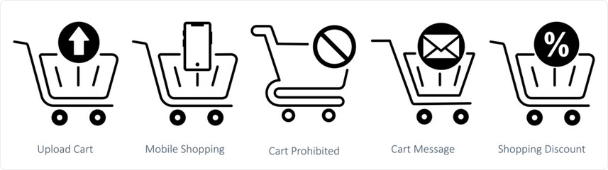 A set of 5 business icons as upload cart, mobile shopping, cart prohibited