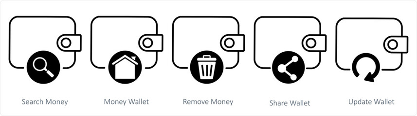 A set of 5 business icons as search money, money wallet, remove money