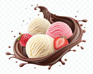 realistic swirling creamy vanilla and strawberry ice cream scoops with chocolate splash in different style isolated on transparent background