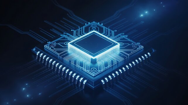 Glowing Blue Microprocessor Chip with Circuitry and Connections