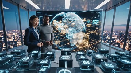 Diverse business professionals analyze futuristic holographic data visualization in modern office. - Powered by Adobe