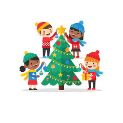 Children decorating Christmas tree with ornaments and star.
