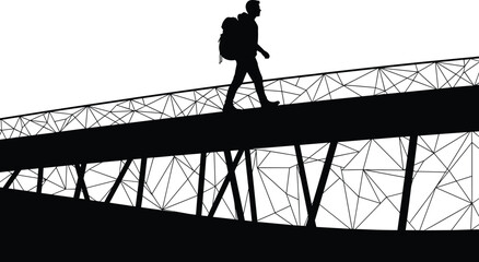 Silhouette traveler walking across modern bridge with backpack, adventure outdoor scene symbolizing journey, freedom, exploration and travel lifestyle inspiration illustration